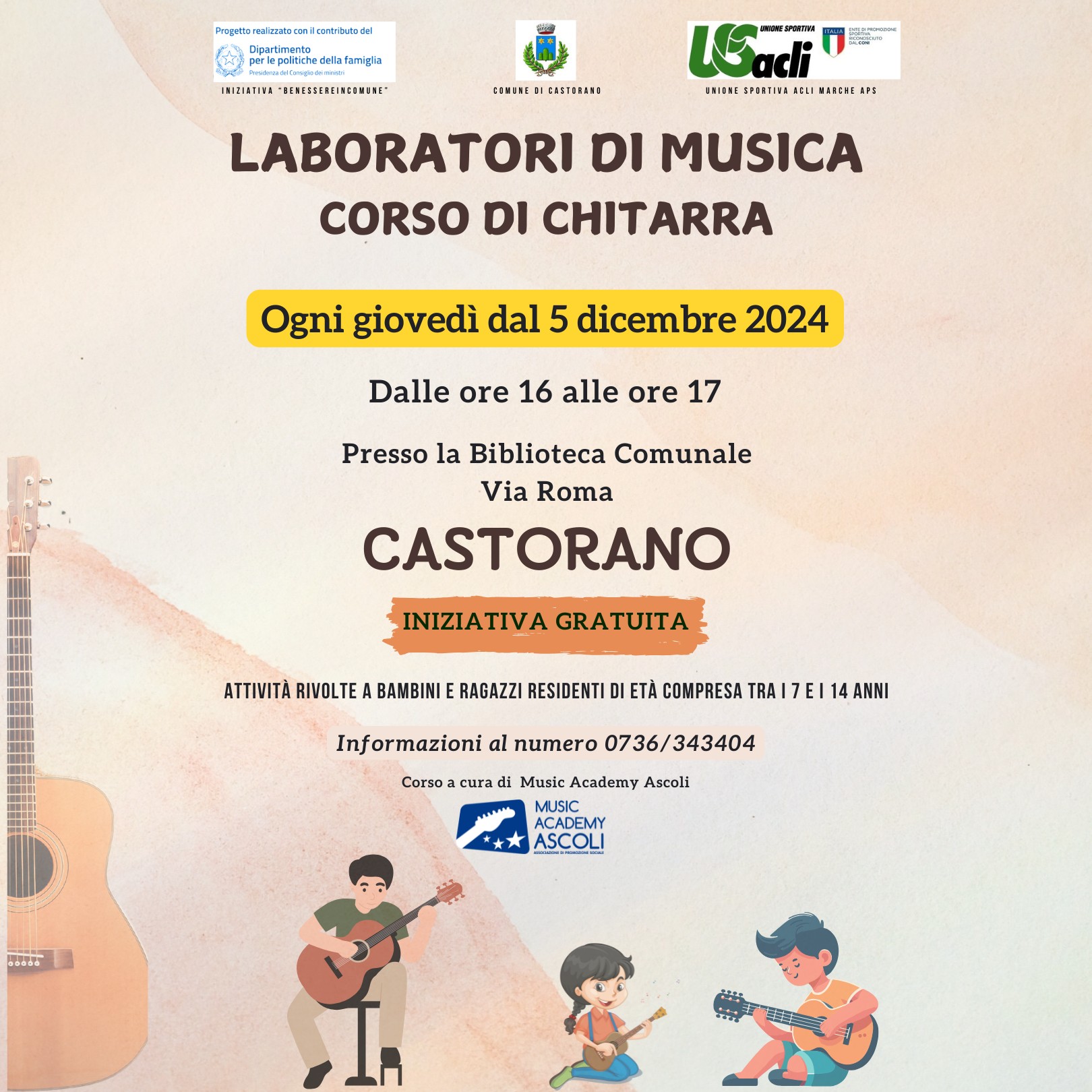 "Benessere in comune": Corso gratuito di chitarra a Castorano

